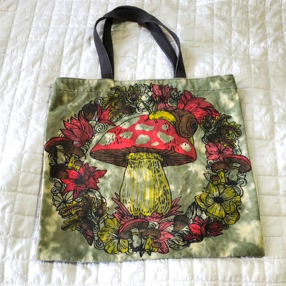 Mushroom Canvas Lakhays Tote Book Bag Hippie Boho Shoulder Bag Distressed 18in